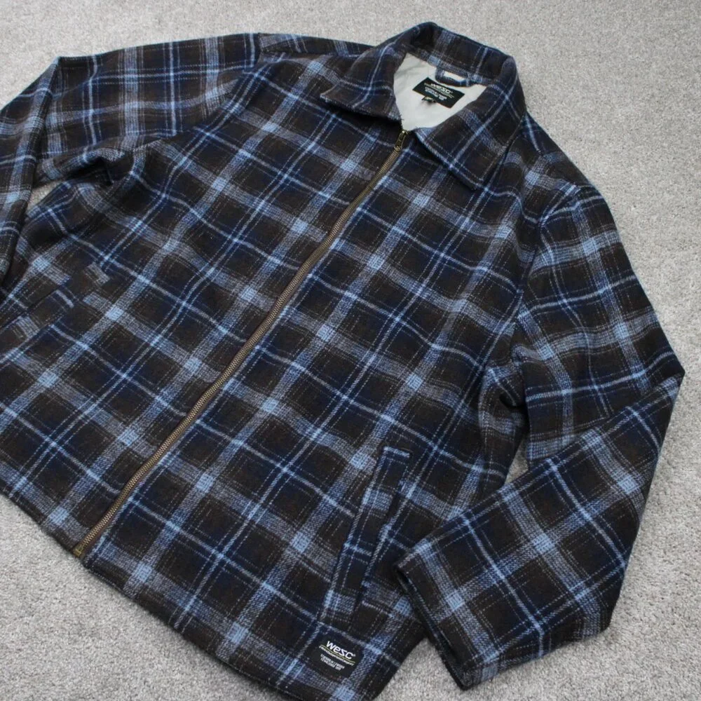 WeSC Flannel Shirt Jacket Mens 2XL Womens 3XL Blue/Brown Plaid Lined L/S Button - Picture 3 of 13